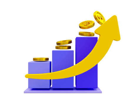 3d minimal financial investment. Business success concept. Financial soaring. Bar graph with a yellow arrow rising. 3d illustration. png