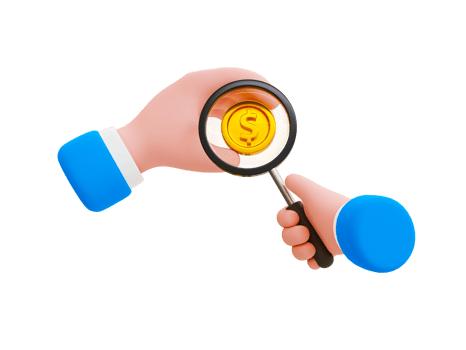 3d minimal financial analysis concept. Financial strategy. Business examination. Hand holding a magnifying glass and dollar coin. 3d illustration. png