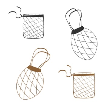 Vector set of eco bags. Shoppers for vegetables and fruits. Rope shopping bags. Isolated objects on a white background. Eco friendly theme. No plastic, zero waste.Ecology concept. Business concept.