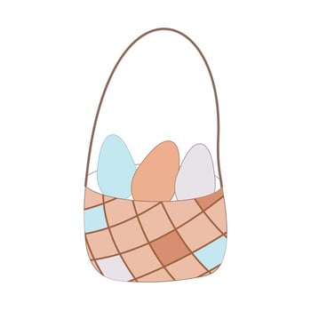 Basket with eggs. Wicker basket. Vector illustration for Easter in doodle style. Pastel colors.