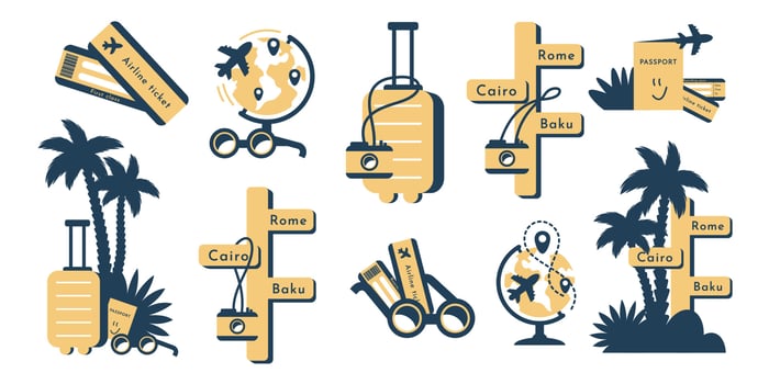 Set of travel icon. Collection of tourism template for web, promotional, advertising, journey agency. Trip labeles as plane ticket, passport, camera, palm, location symbol, sunglass, suitcase. Vector