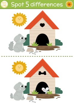 Find differences game for children. On the farm educational activity with cute dog and kennel. Farm puzzle for kids with farm animal, doghouse. Village printable worksheet or page with pet vector