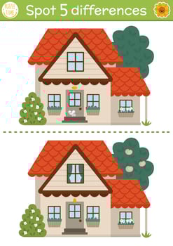 Find differences game for children. On the farm educational activity with cute country house. Farm puzzle for kids with rural farm or garden home. Village printable worksheet or page vector