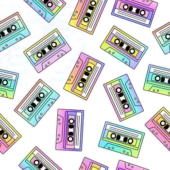 Retro seamless pattern. Vintage cassette tapes on white background. Pastel gradients. Disco dance audio cassette. Vector illustration.