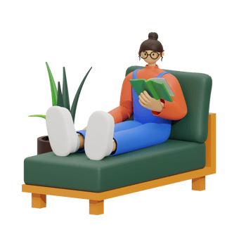3d illustration sitting in the sofa with reading book png