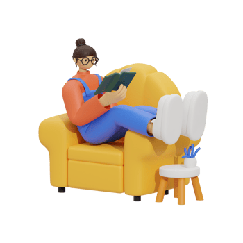 3d illustration sitting in the sofa with reading book png