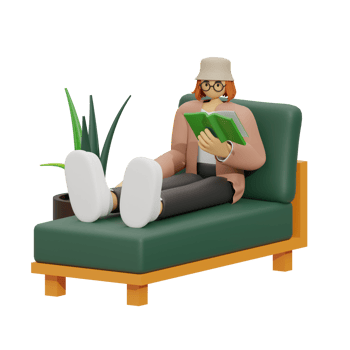 3d illustration sitting in the sofa with reading book png