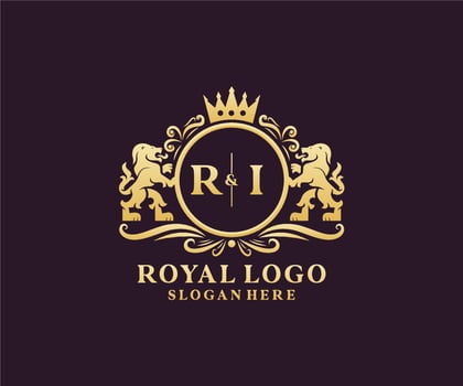 Initial RI Letter Lion Royal Luxury Logo template in vector art for Restaurant, Royalty, Boutique, Cafe, Hotel, Heraldic, Jewelry, Fashion and other vector illustration.