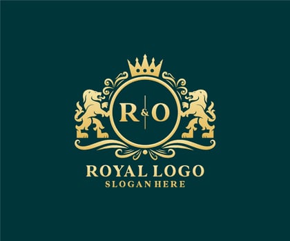 Initial RO Letter Lion Royal Luxury Logo template in vector art for Restaurant, Royalty, Boutique, Cafe, Hotel, Heraldic, Jewelry, Fashion and other vector illustration.