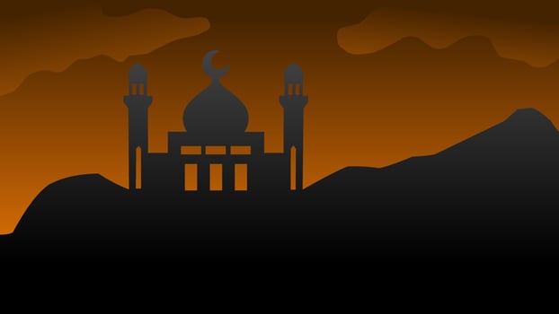Silhouette landscape of mosque with shiny orange sky for ramadan design graphic in muslim culture and islam religion. Vector illustration of background mosque in the night for Islamic wallpaper design