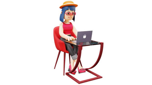 3D illustration. Career woman 3D cartoon character. Beautiful office worker. Beautiful woman doing her job. Diligent office worker sitting and facing laptop. Beautiful student. 3d cartoon character png
