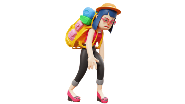 3D illustration. Beautiful Adventurer 3D cartoon character. Brave woman carrying big duffel bag. Tired woman walking bent over. Tourist who looks sleepy. 3d cartoon character png