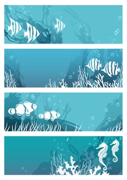 Vector Undersea Creatures Card Set With Tropical Fishes And Sea Horses Isolated On A White Background.