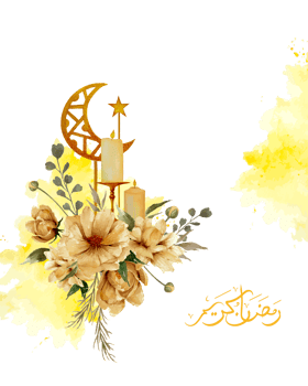 Watercolor Ramadan greeting design illustration, flowers bouquet with candles, golden crescent moon and star ornament for banner, poster and card decoration png