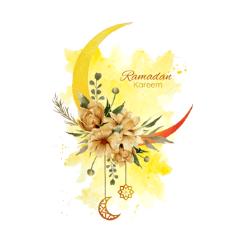 Watercolor of crescent moon for ramadan kareem greetings card with watercolor splash background and golden flowers ornament illustration png