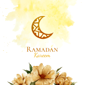 Golden crescent moon watercolor ornament for ramadan kareem greetings card with watercolor splash background and golden flowers illustration png