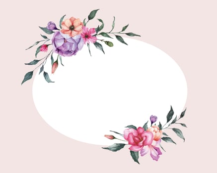 Watercolor flowers frame with colorful vintage flowers and green leaves illustration vector