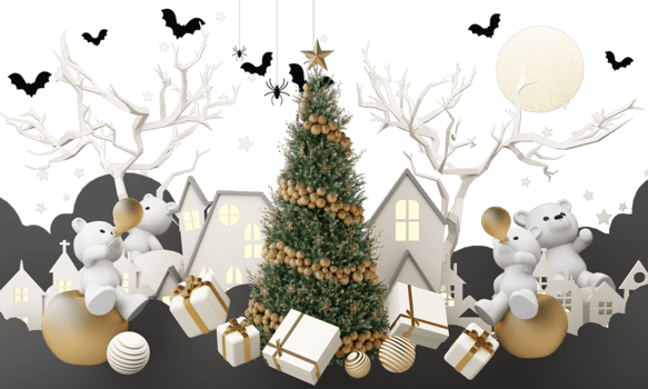 happy new year and merry Christmas winter old town street. Full moon and surrounded by clouds christmas tree and a golden gift box with polar bear. Bright Winter holiday composition. 3d rendering png
