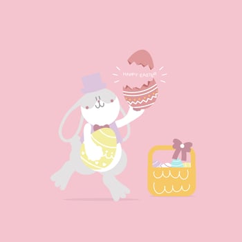 happy easter festival with animal pet bunny rabbit and egg, pastel color, flat vector illustration cartoon character