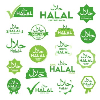 Muslim traditional halal food labels vector color set. Badges, logo, tag, and label. Suitable for banner, flyer, trade mark