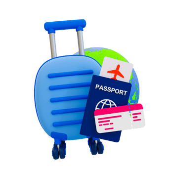 3d minimal Holiday travel trip. Travel or tourism concept. Summer vacation trip. Relaxation time concept. Luggage with a passport, airplane ticket, and a globe. 3d illustration. png