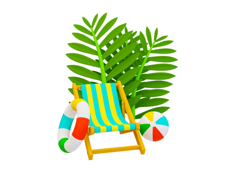 3d minimal beach theme. Relaxation time. Holiday travel trip. Summer vacation trip. Beach chair with a beach ball, beach rubber ring, and palm leaves. 3d illustration. png