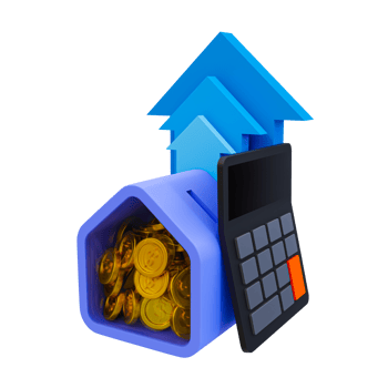 3d minimal Housing price rising up. real estate or property growth concept. Real estate price increase. House piggy bank and calculator with a blue arrow rising. 3d illustration. png