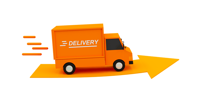 3d minimal fast delivery concept. Quick parcel transportation. Product contribution. Quickly parcels shipping. Delivery car with an orange arrow. 3d illustration. png
