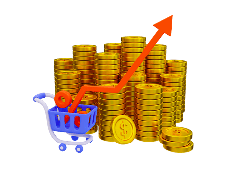 3d minimal The currency is skyrocketing. soaring finances. higher interest rates. Strengthening currency. A red arrow rises on a shopping cart with a pile of money. 3d illustration. png