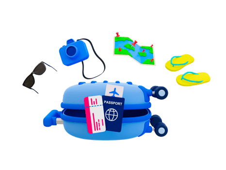 3d minimal Holiday travel trip. Travel or tourism concept. Summer vacation trip. Relaxation time concept. Luggage with a passport and airplane ticket, and travel compositions. 3d illustration. png