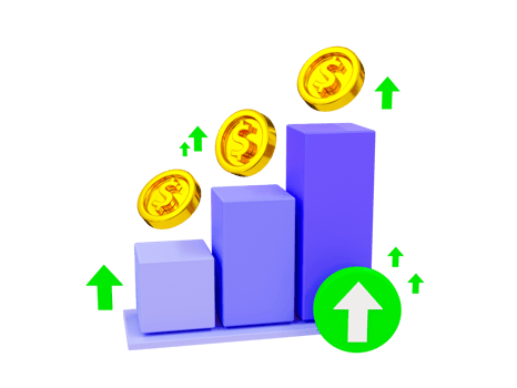 3d minimal The currency skyrocketing. soaring finances. higher interest rates. Strengthening currency. Bar graph with dollar coins and a green arrow rising. 3d illustration. png