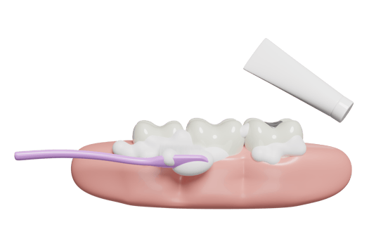 3d dental molar teeth model icon with toothbrush, toothpaste tube, gums, bubble isolated. dental examination of the dentist, health of white teeth, oral care 3d render illustration png