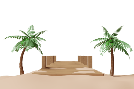3d summer travel with wooden bridge leading into the sea on a bright day, palm tree, sea beach,  landscape, 3d render illustration png