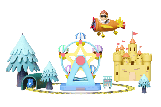 3d amusement park concept with pilot, propeller plane, railroad tracks, tunnel, ferris wheel, ice cream showcases, landscape, castle, towers isolated. 3d render illustration png