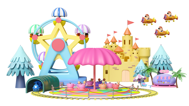 3d amusement park concept with tea cup ride, pilot, propeller plane, railroad tracks, tunnel, ferris wheel, ice cream showcases, landscape, castle, towers isolated. 3d render illustration png