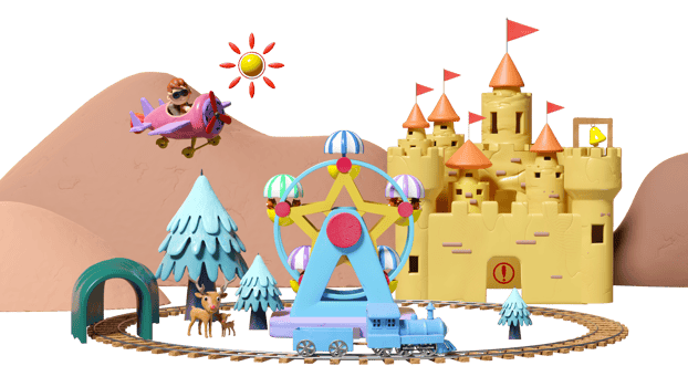 3d amusement park with locomotive plasticine, railroad tracks, tunnel, pilot, propeller plane, ferris wheel, landscape, castle, towers, mountain, clay toy, 3d render illustration png