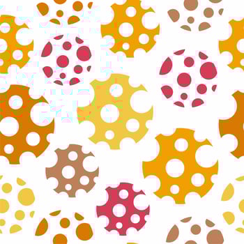 Dots and circles. Abstract shapes. Orange, yellow, pink, red, brown colors. Shapes like cartoon cheese. Wrapping paper, print, textile, fabric. vector