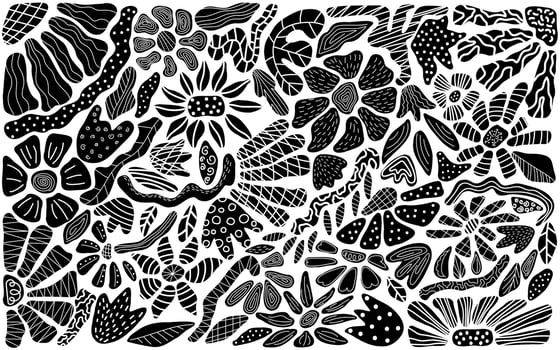Retro hand drawn black floral pattern. 60s -70s style. Amazing groovy flower background. Template for fashion prints vector