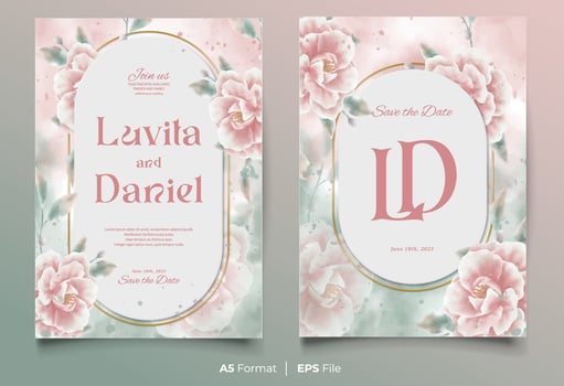 watercolor wedding invitation template with pink and green flower ornament vector