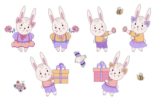 Set cute animals. Easter bunny and insects. Rabbits girl and boy with gift and Easter egg. Vector illustration. Isolated. For design Happy Easter