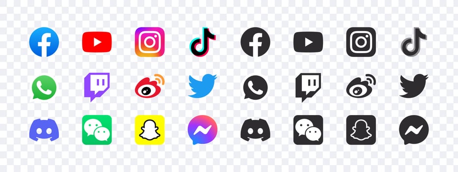 VINNITSA, UKRAINE - FEBRUARY 20, 2023. Top Social media 2023. Facebook, YouTube, WhatsApp, Instagram, WeChat, TikTok, Facebook Messenger, Douyin, Weibo, Snapchat, Twitter, Discord, Twitch. Vector logo