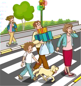 People on street. Pedestrian crossing road on crosswalk with street lights cartoon vector