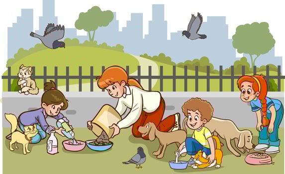 children feeding stray animals cartoon vector