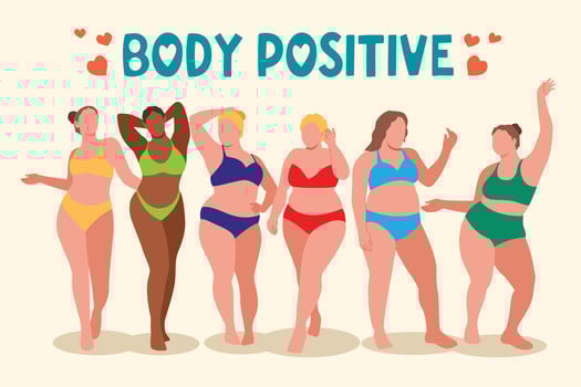 I love my body. Body positive, plus size girl, overweight woman stretching. For Fat acceptance movement, curvy girl in swimwear, bathing suits. Vector illustration.