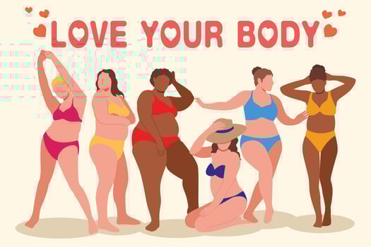 I love my body. Body positive, plus size girl, overweight woman stretching. For Fat acceptance movement, curvy girl in swimwear, bathing suits. Vector illustration.