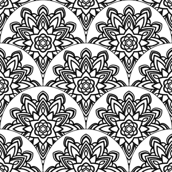 Abstract mandala fish scale seamless pattern. Ornamental tile, mosaic background. Floral patchwork infinity card. Arabic, Indian, ottoman motifs. vector