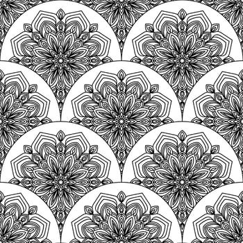 Abstract mandala fish scale seamless pattern. Ornamental tile, mosaic background. Floral patchwork infinity card. Arabic, Indian, ottoman motifs. vector