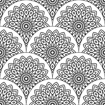 Abstract mandala fish scale seamless pattern. Ornamental tile, mosaic background. Floral patchwork infinity card. Arabic, Indian, ottoman motifs. vector