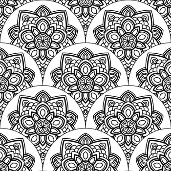 Abstract mandala fish scale seamless pattern. Ornamental tile, mosaic background. Floral patchwork infinity card. Arabic, Indian, ottoman motifs. vector
