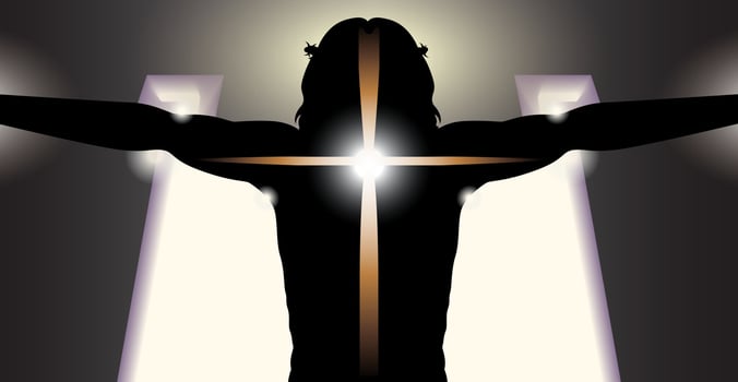 Christianity concept. It is a picture of the back of Jesus, with a crucifix light. contrast of light and shadow. vector